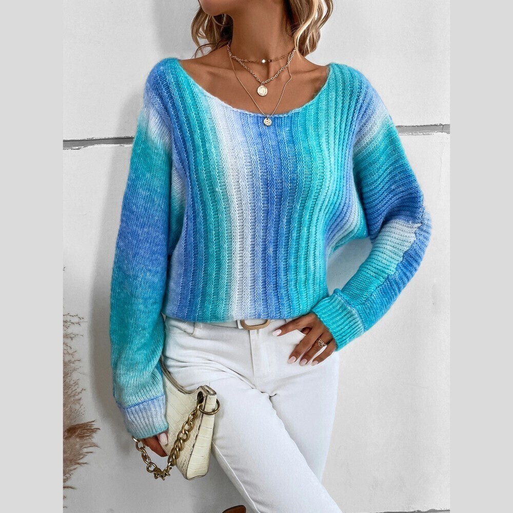 Blue Ombre Striped Ribbed Knit Scoop Neck Sweater